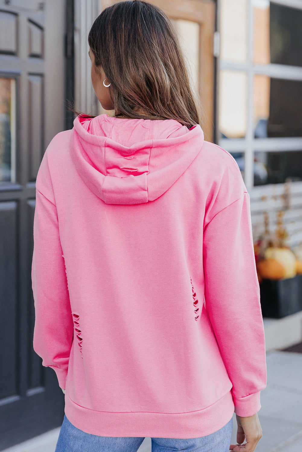 Pink Distressed Hooded Sweatshirt | Kangaroo Pocket