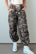 Green Camouflage Print Striped Side Panel Patchwork Drawstring Pants Dear-Lover Dropshipping