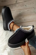 Women's black faux suede platform slippers with aztec embroidery and plush lining