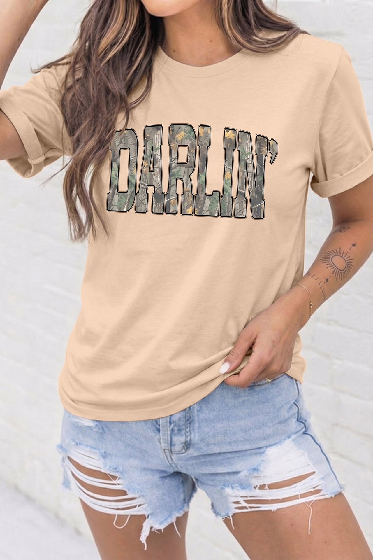 Khaki Darlin Camo Letter Print Crewneck T Shirt