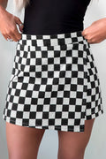 Women's black checkered denim shorts with overlap front
