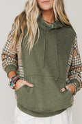 Moss Green Plaid Sleeve Drawstring Pocket Hooded Sweatshirt Dear-Lover Dropshipping