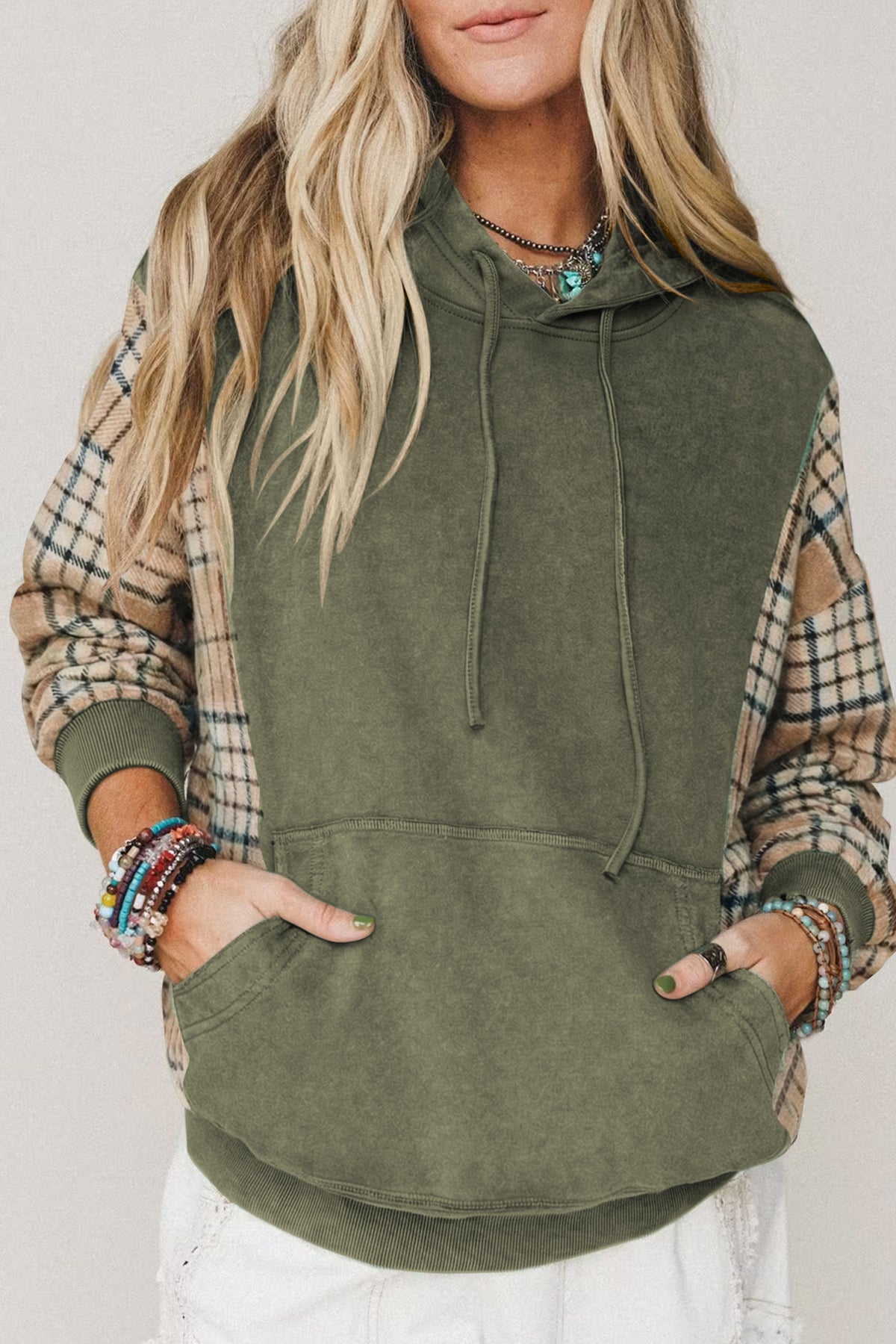 Moss Green Plaid Sleeve Drawstring Pocket Hooded Sweatshirt Dear-Lover Dropshipping