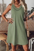 Women's grass green sleeveless V-neck mini dress with lace detail