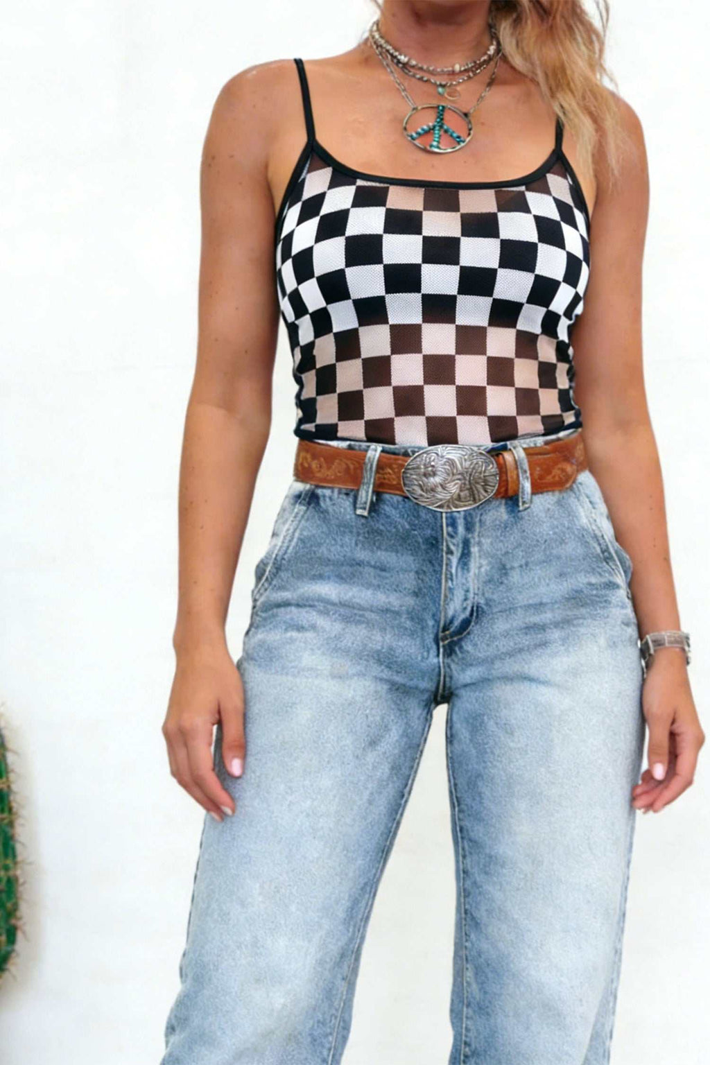 Black sheer checkered tank top, view 3