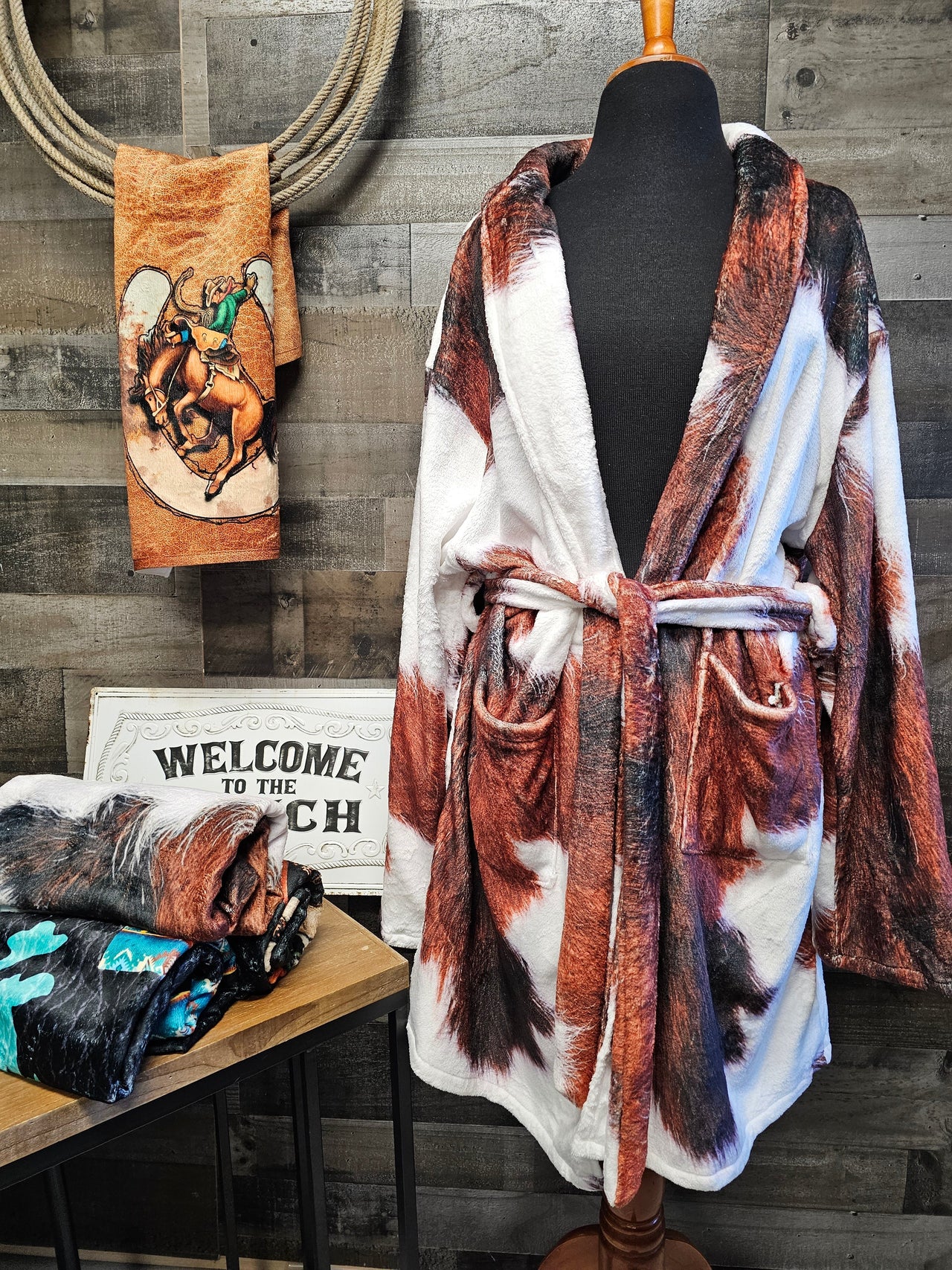 Cowhide print women's western bathrobe with minky soft texture and custom fit options