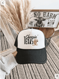 White foam trucker hat with retro Choosin' Texas boot graphic and black mesh back