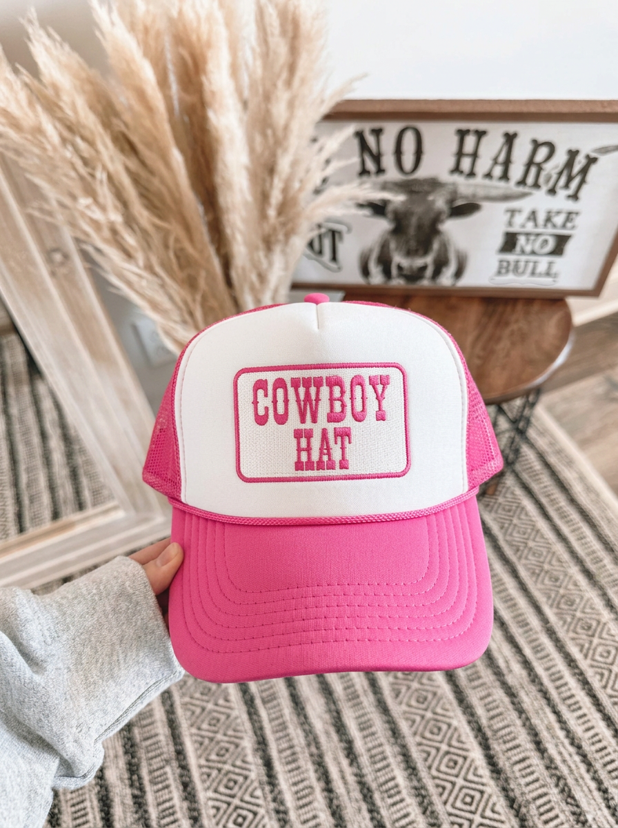 Cowboy Hat Foam Trucker Hat — Pink Patch Western Mesh Cap