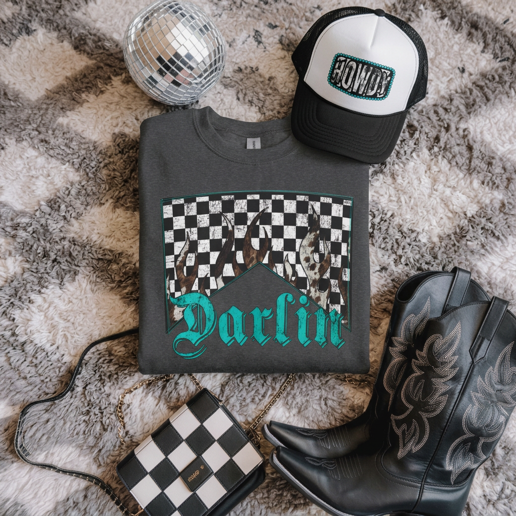 Darlin' Checkerboard Crewneck Sweatshirt with vintage-punk checkered graphic and teal Gothic lettering, midweight cotton-poly blend, ribbed collar, relaxed fit