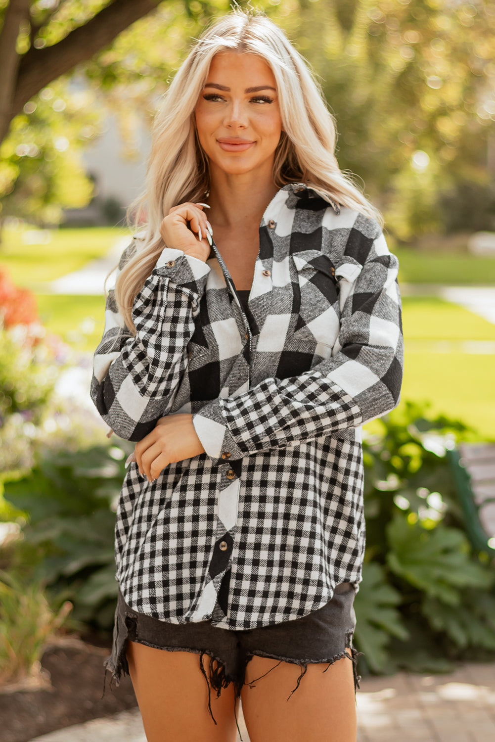 Black Double Plaid Patchwork Drawstring Hooded Shacket Dear-Lover Dropshipping