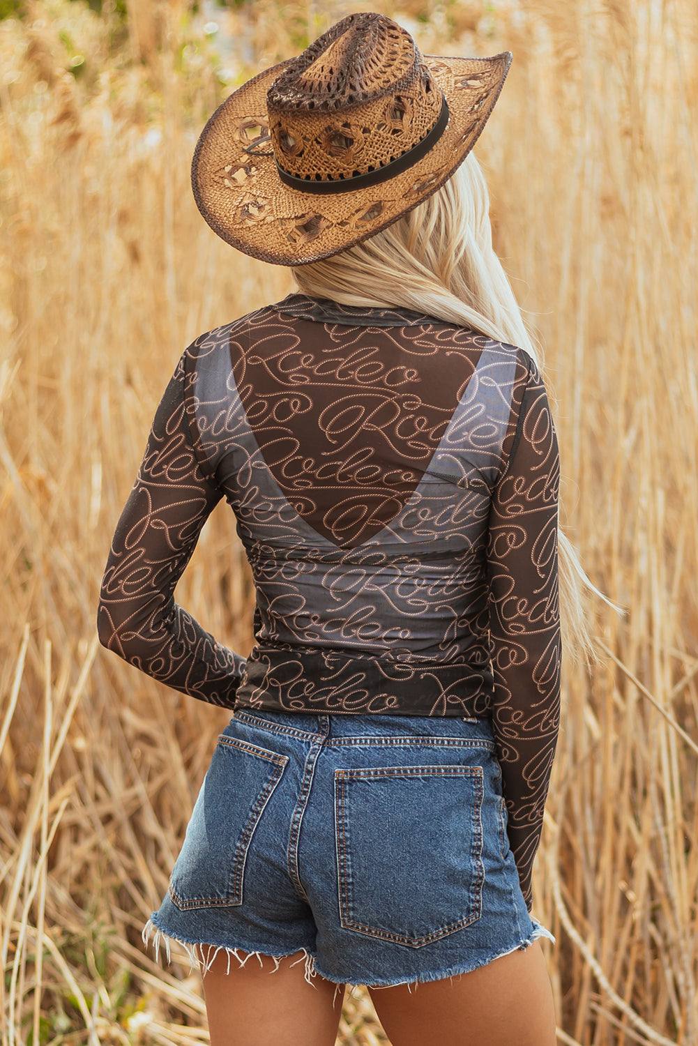 Black western rodeo mesh top, view 6