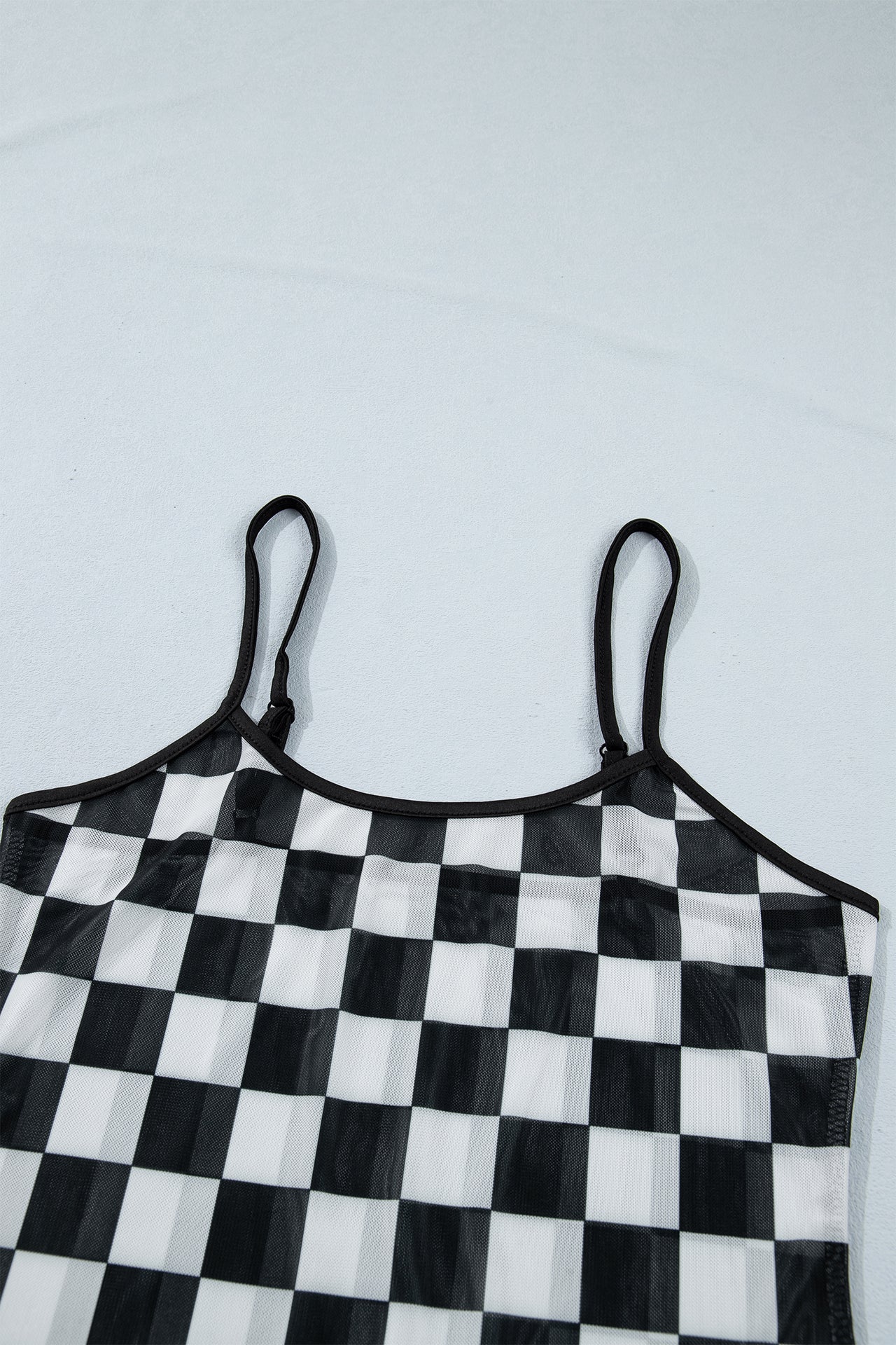 Black Sheer Checkered Print Spaghetti Straps Slim Tank Top