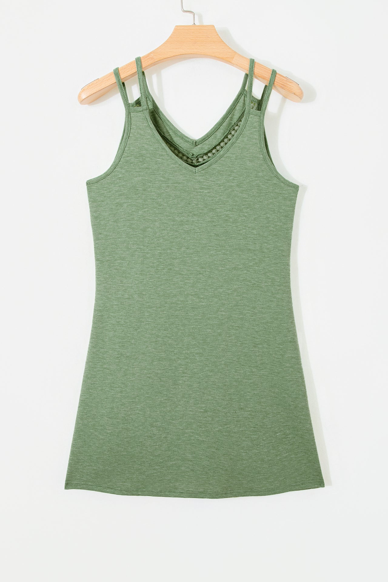 Grass Green Solid Color Lace Detail V Neck Sleeveless Shift Mini Dress