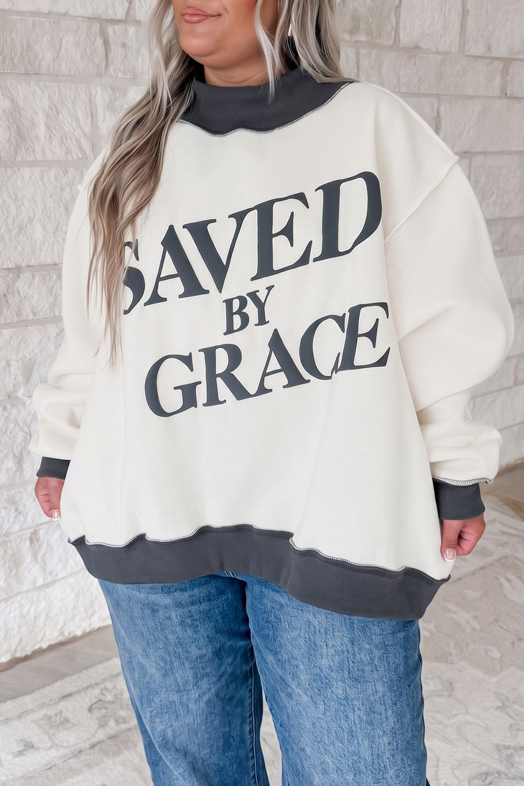 Beige SAVED BY GRACE Letter Print Color Block Mock Neck Plus Size Sweatshirt Dear-Lover Dropshipping