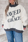 Beige SAVED BY GRACE Letter Print Color Block Mock Neck Plus Size Sweatshirt Dear-Lover Dropshipping