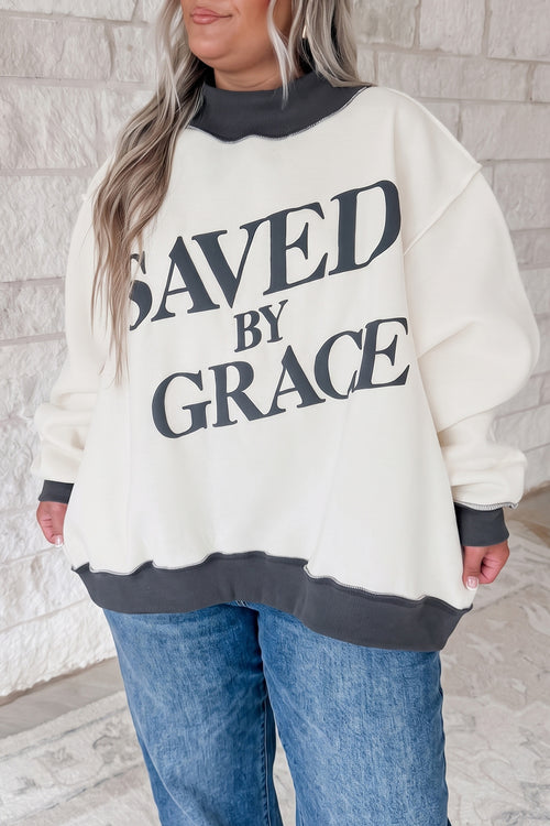 Beige SAVED BY GRACE Letter Print Color Block Mock Neck Plus Size Sweatshirt Dear-Lover Dropshipping