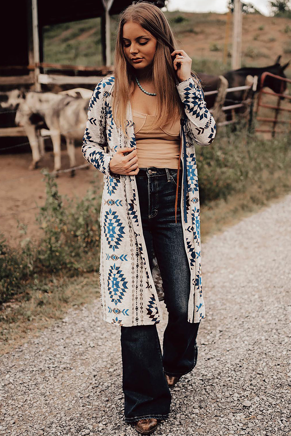 Western Aztec Print Long Open Cardigan
