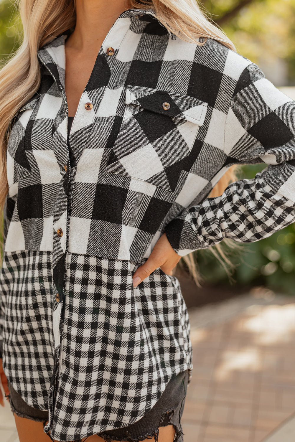 Black Double Plaid Patchwork Drawstring Hooded Shacket Dear-Lover Dropshipping