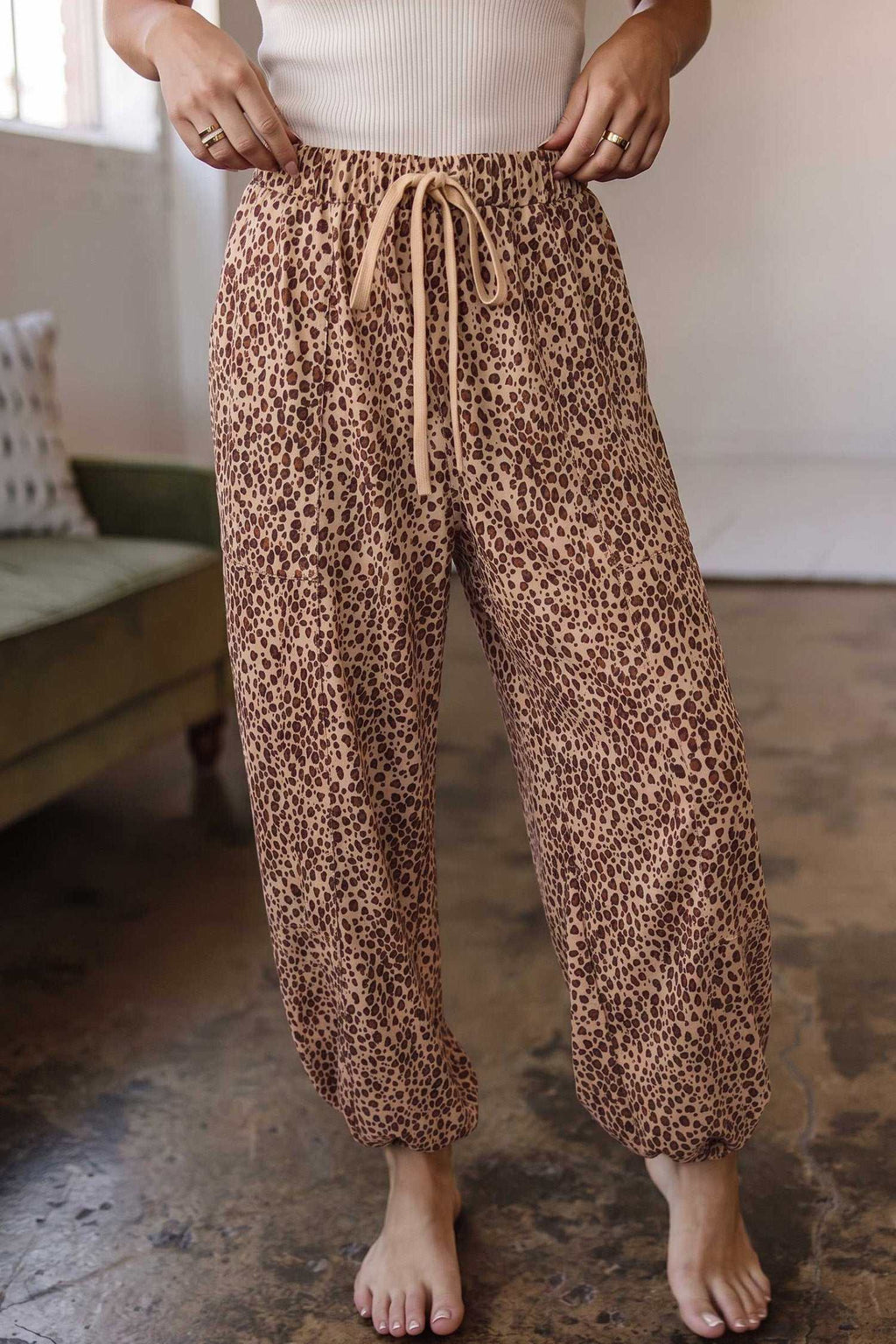 Khaki leopard drawstring pants, view 3
