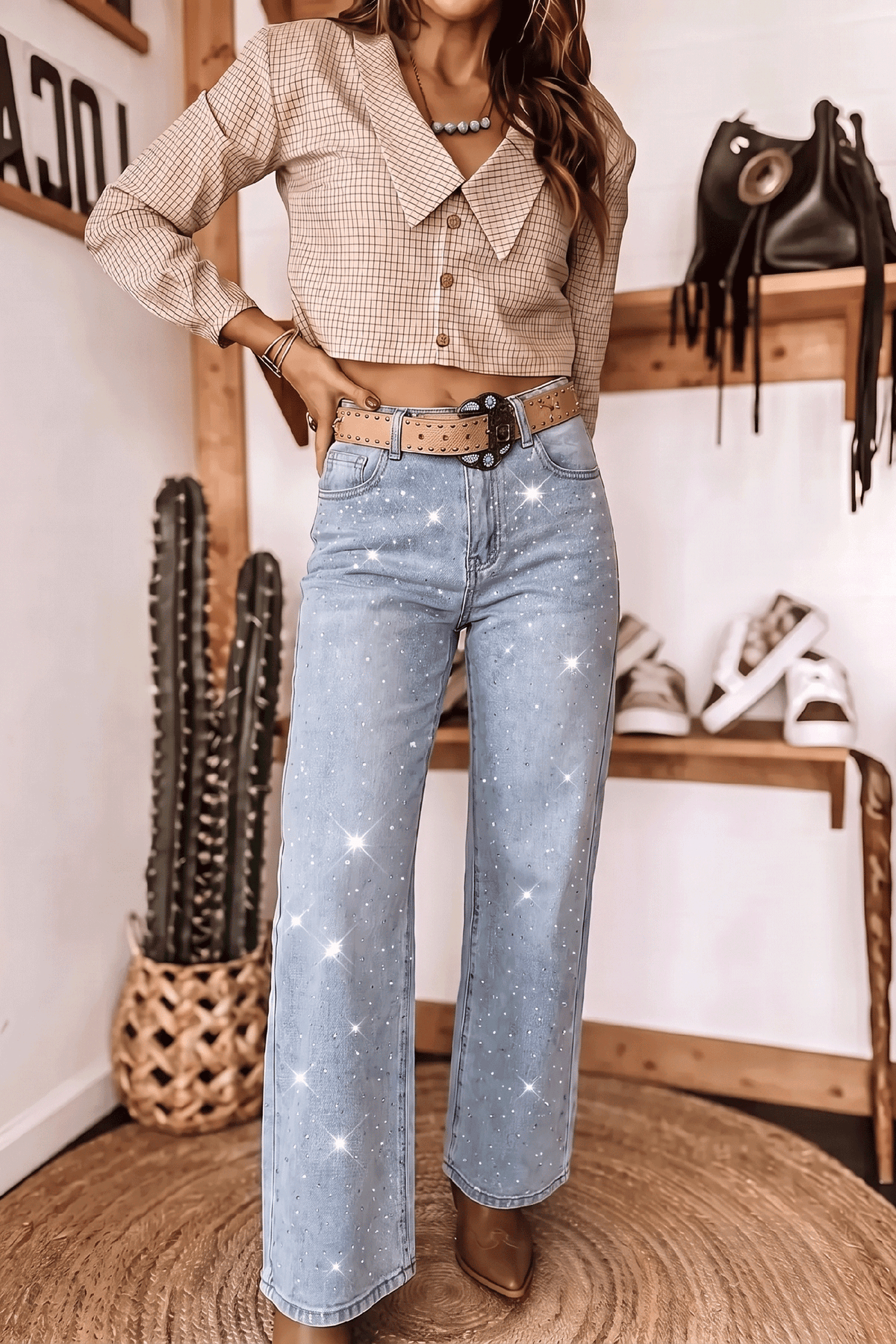 Beau Blue Sparkle Detail Western Casual Shift Jeans Dear-Lover Dropshipping