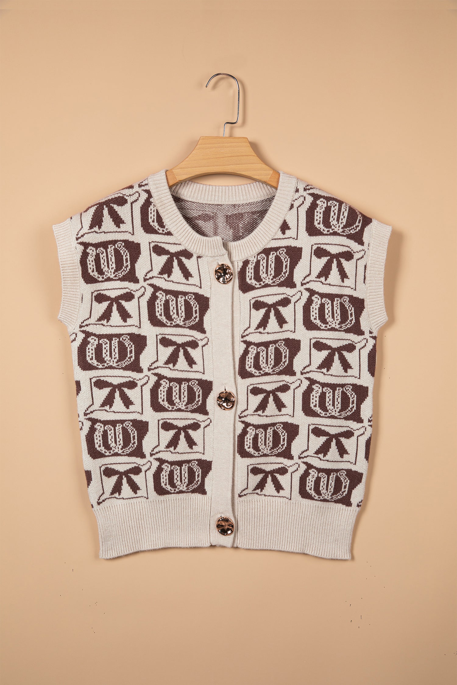 Brown Western Horseshoe Bow Pattern Button Front Sleeveless Knit Sweater