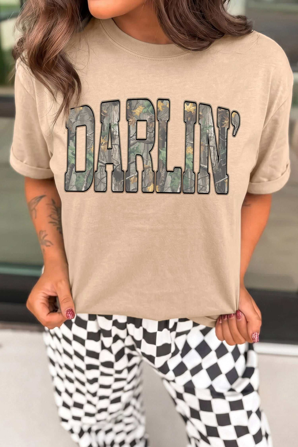 Women's khaki crewneck tee with camo DARLIN lettering