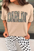 Women's khaki crewneck tee with camo DARLIN lettering