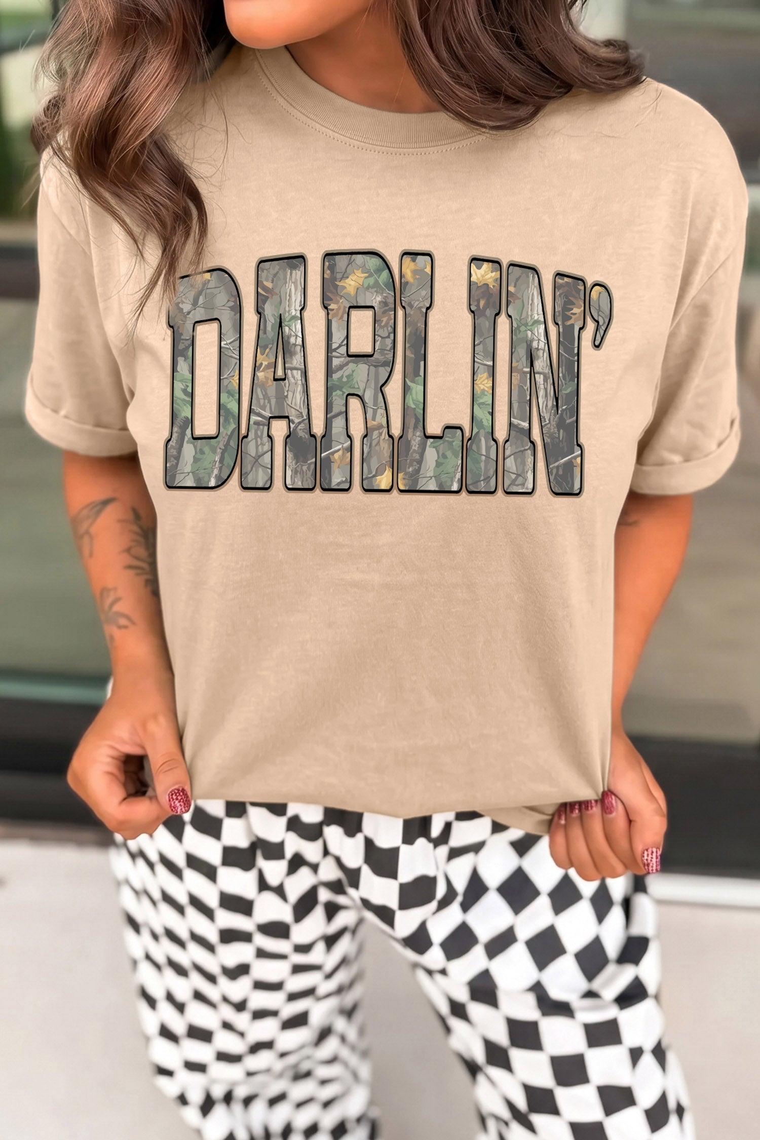 Khaki Darlin Camo Letter Print Crewneck T Shirt