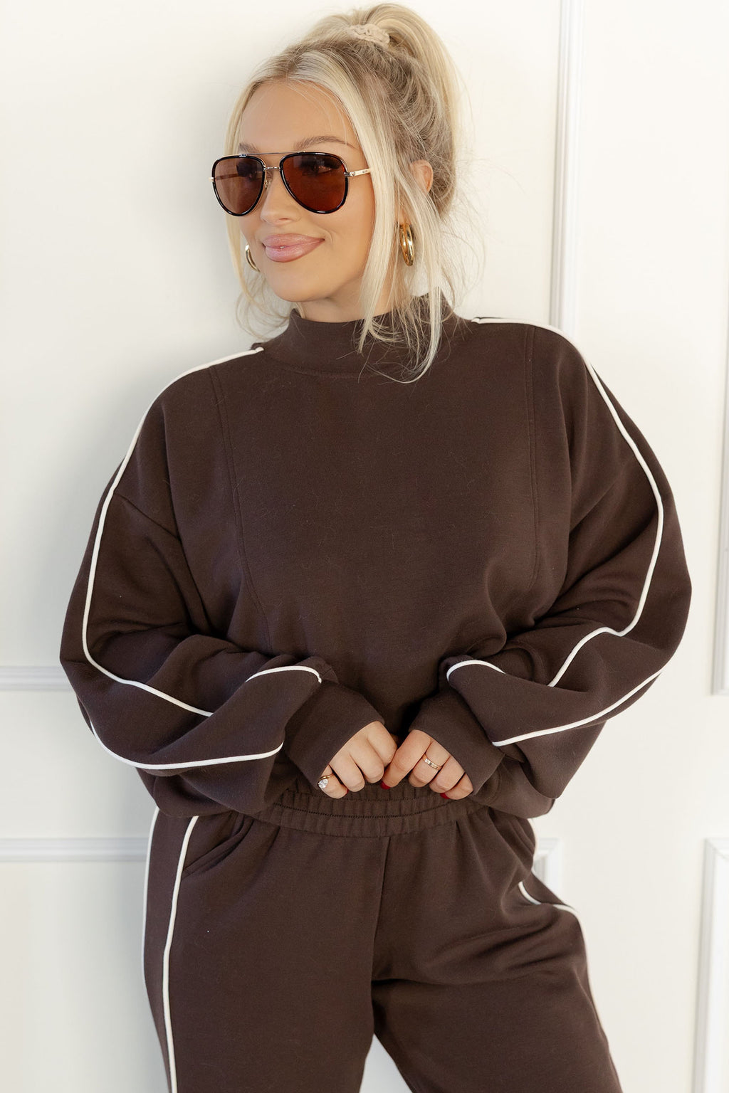 Coffee Sporty Piping Trim Mock Neck Pullover Relaxed 2pcs Pant Set Dear-Lover Dropshipping