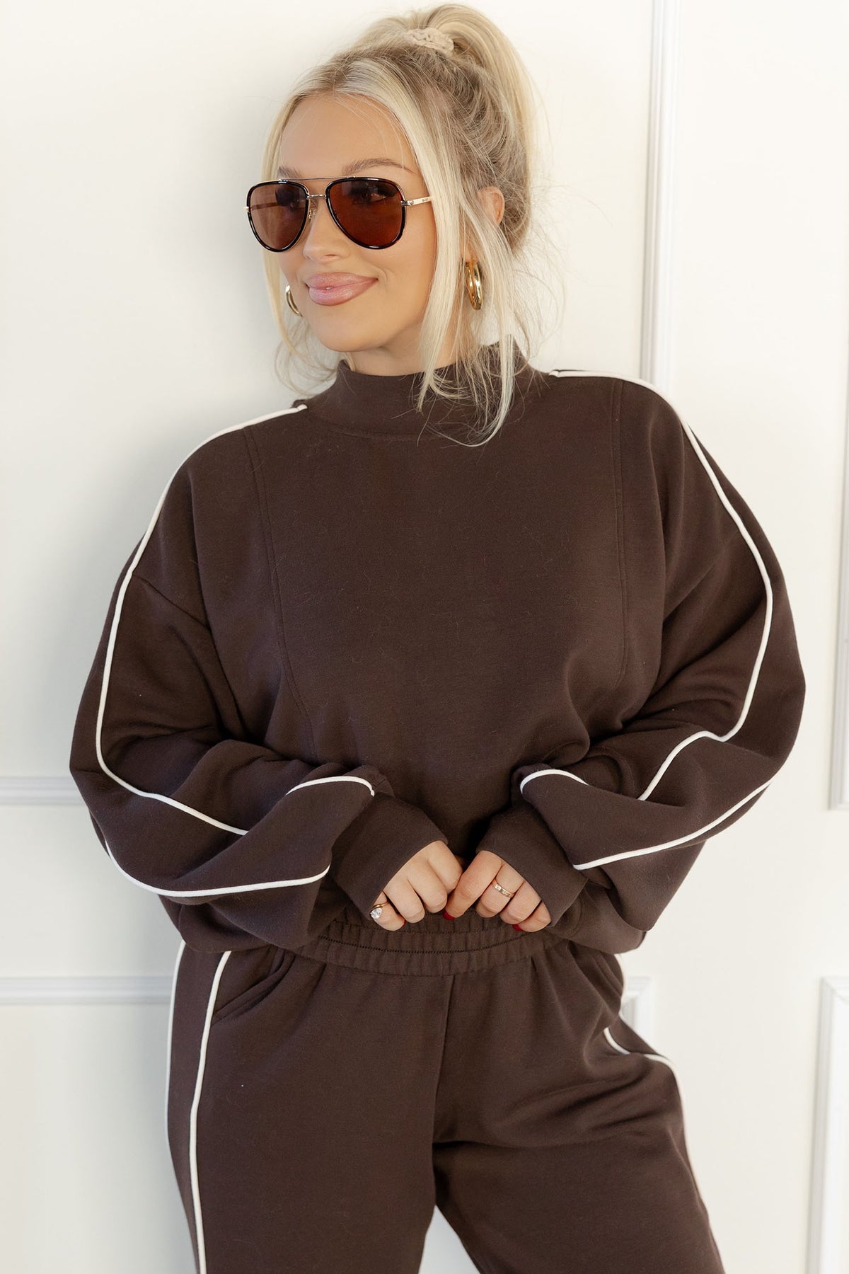 Coffee Sporty Piping Trim Mock Neck Pullover Relaxed 2pcs Pant Set Dear-Lover Dropshipping