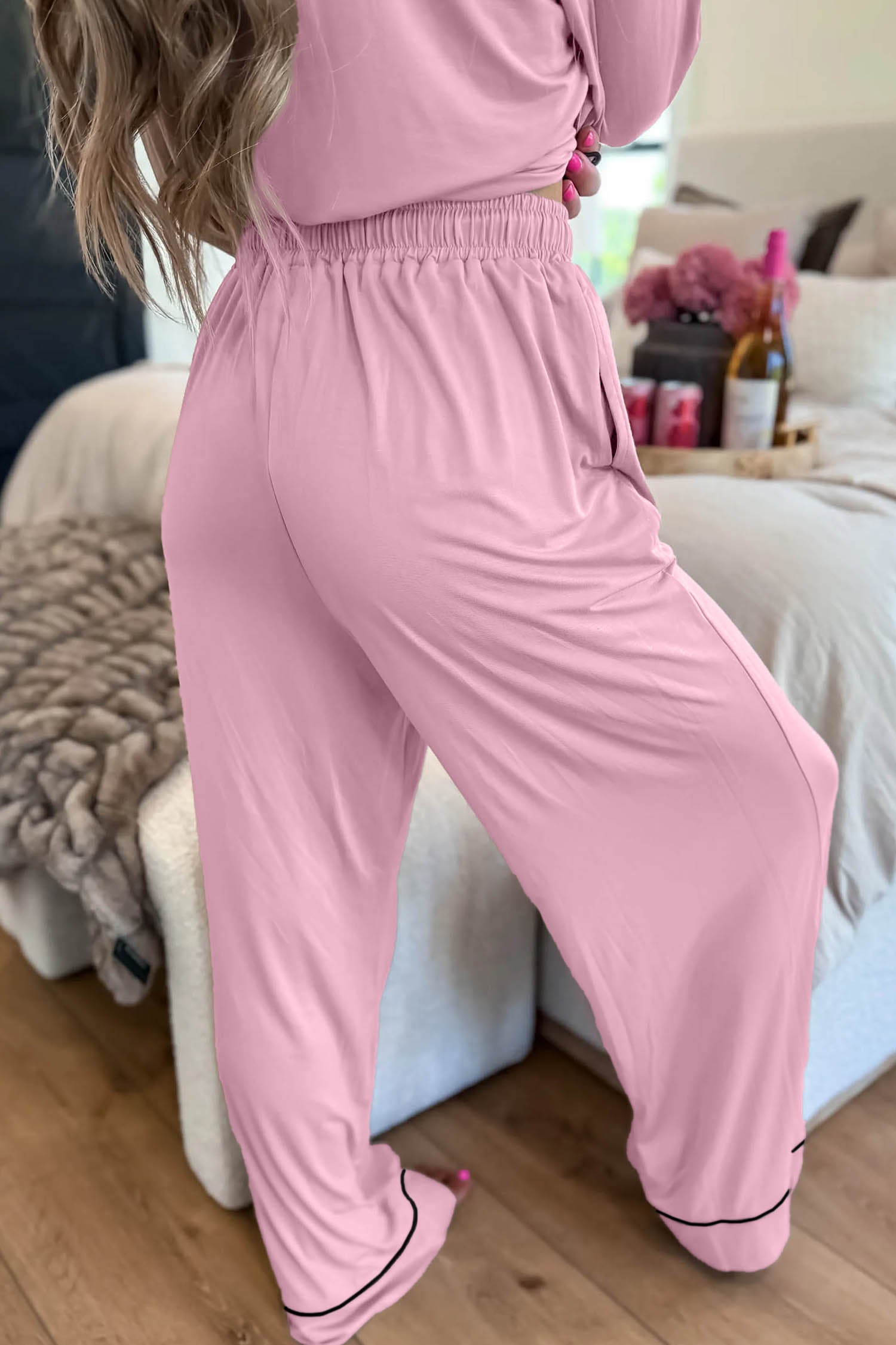 Delicacy Contrast Piping Trim Lapel Button Down Top 2pcs Lounge Pajama Set