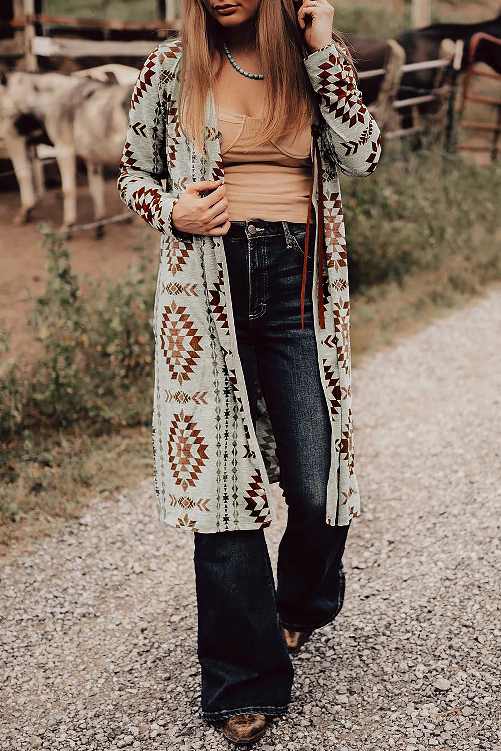 Western Aztec Print Long Open Cardigan