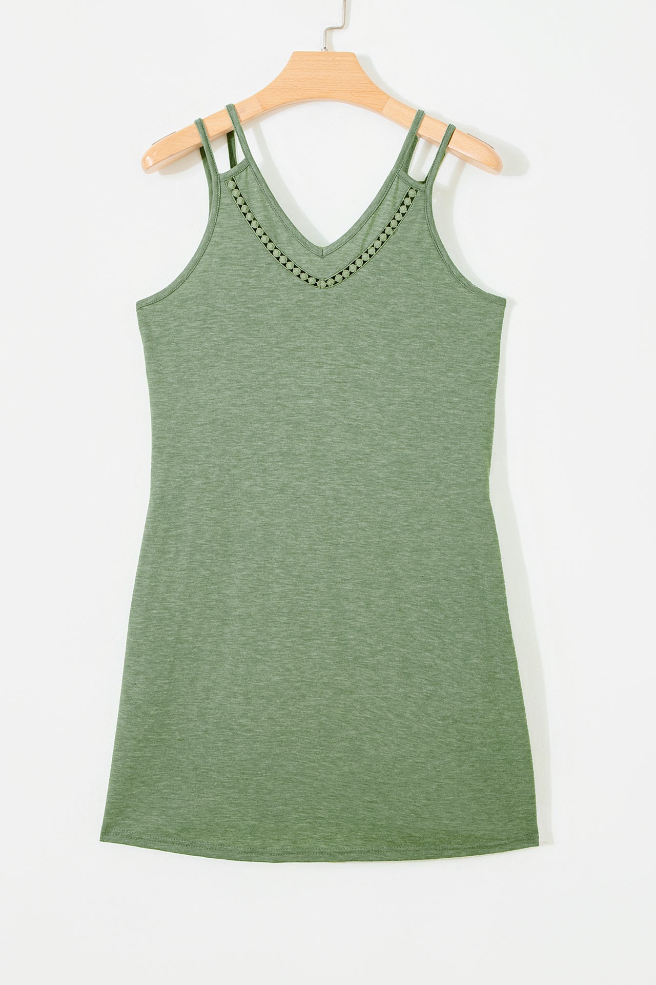 Grass Green Solid Color Lace Detail V Neck Sleeveless Shift Mini Dress