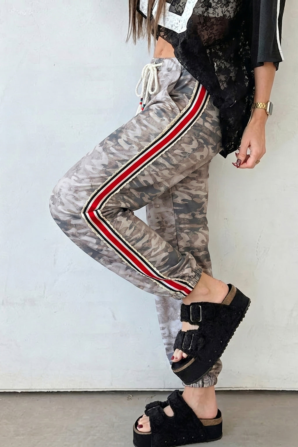 Green Camouflage Print Striped Side Panel Patchwork Drawstring Pants Dear-Lover Dropshipping