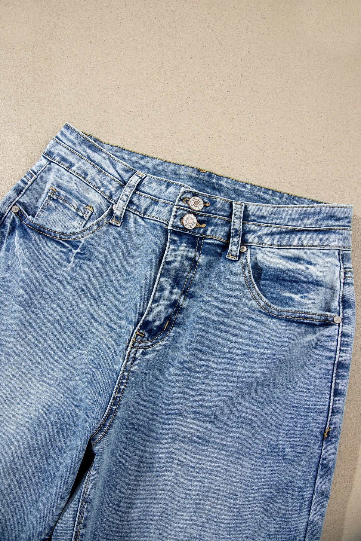 Blue acid wash flare jeans, view 9