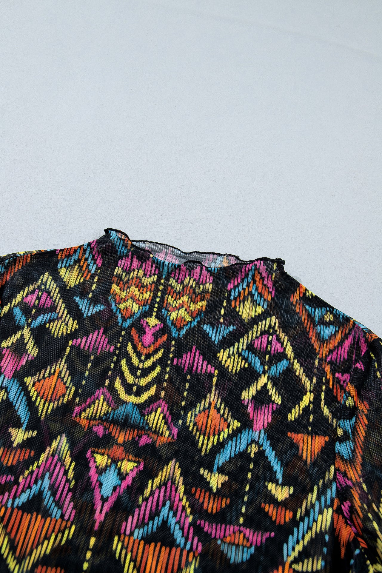 Black Abstract Print Stand Neck Mesh Top