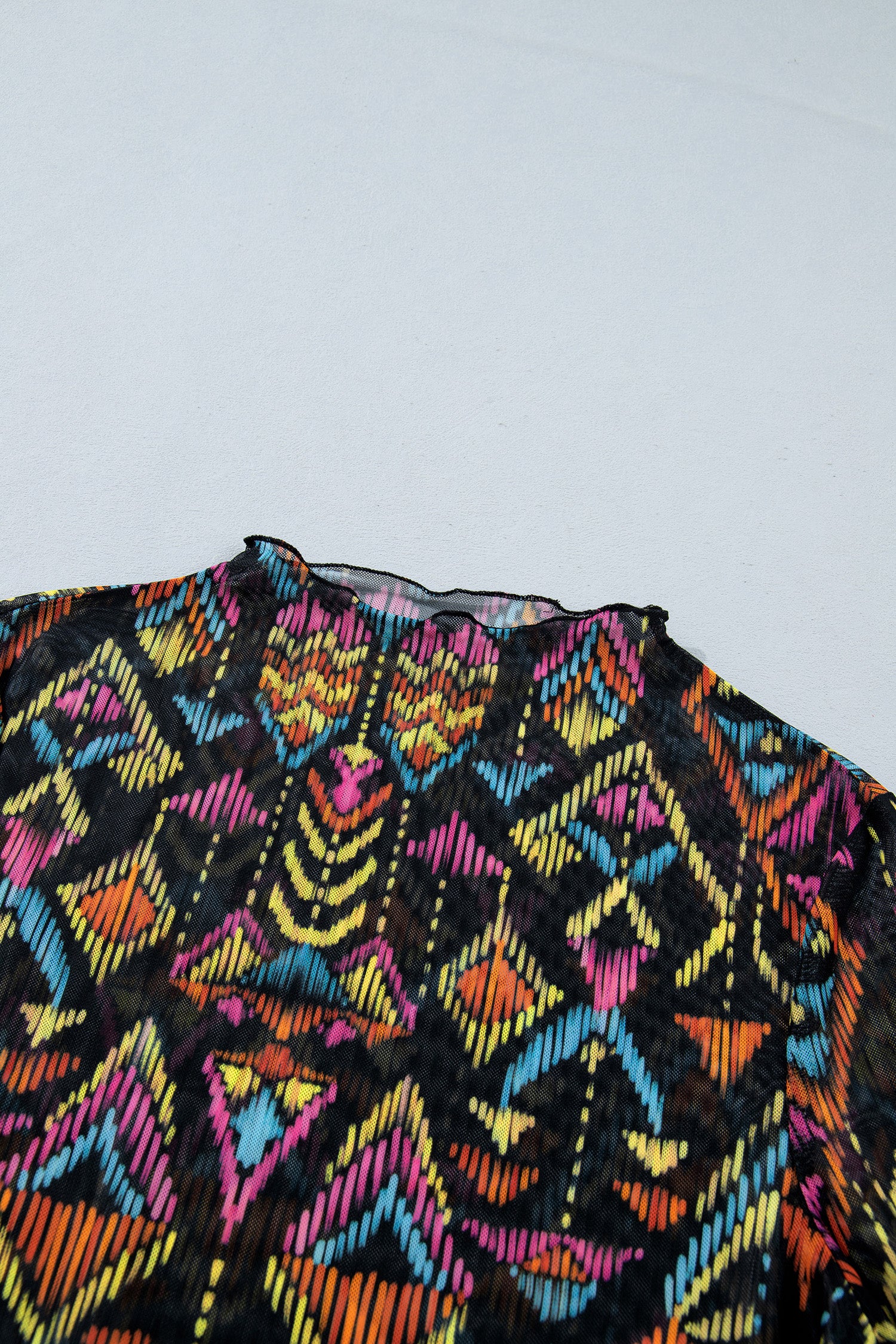 Black Abstract Print Stand Neck Mesh Top