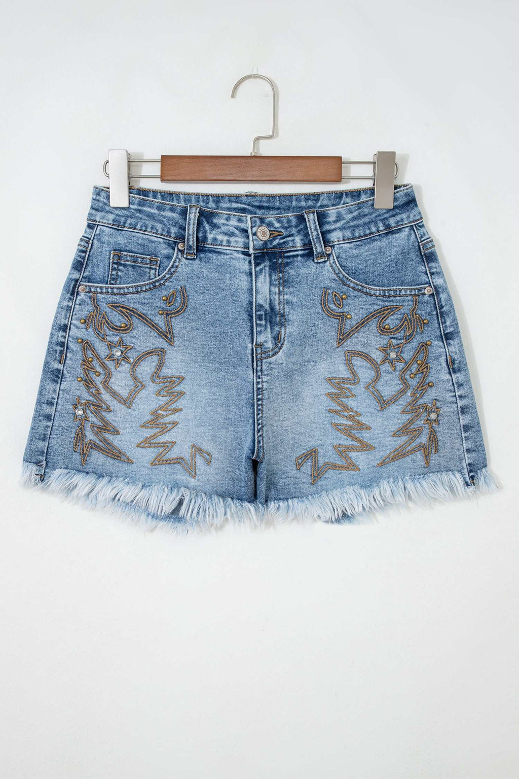 Dusk blue embroidered denim shorts, view 3