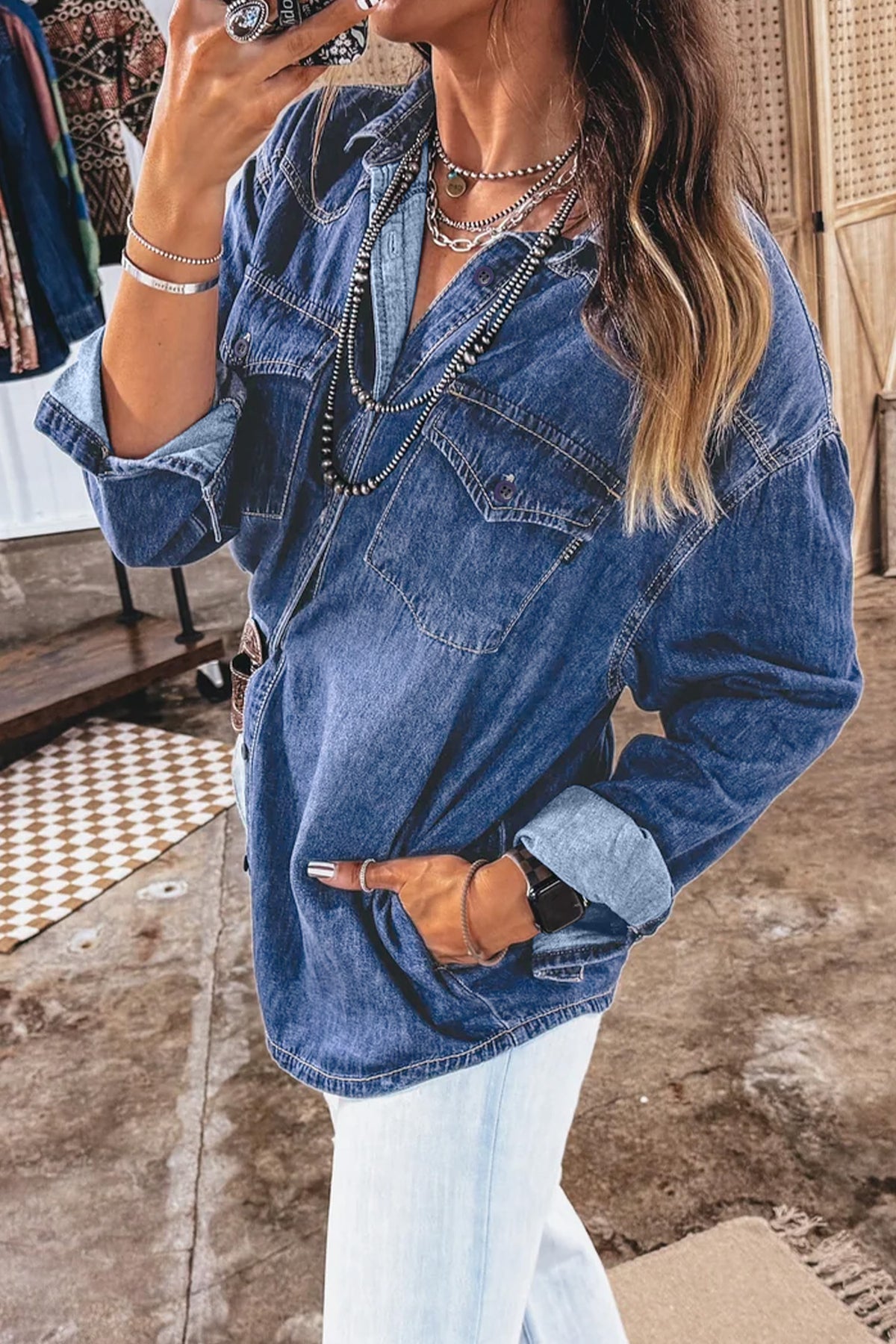 Sail blue tunic denim shirt, view 7