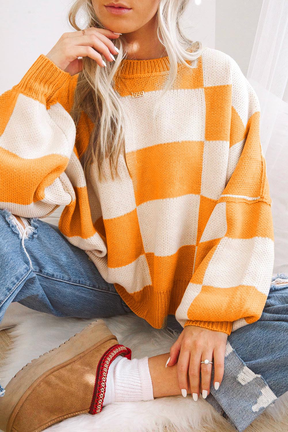 Black checkered bishop sleeve sweater, view 13