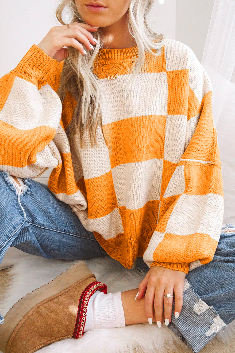 Black checkered bishop sleeve sweater in soft premium fabric