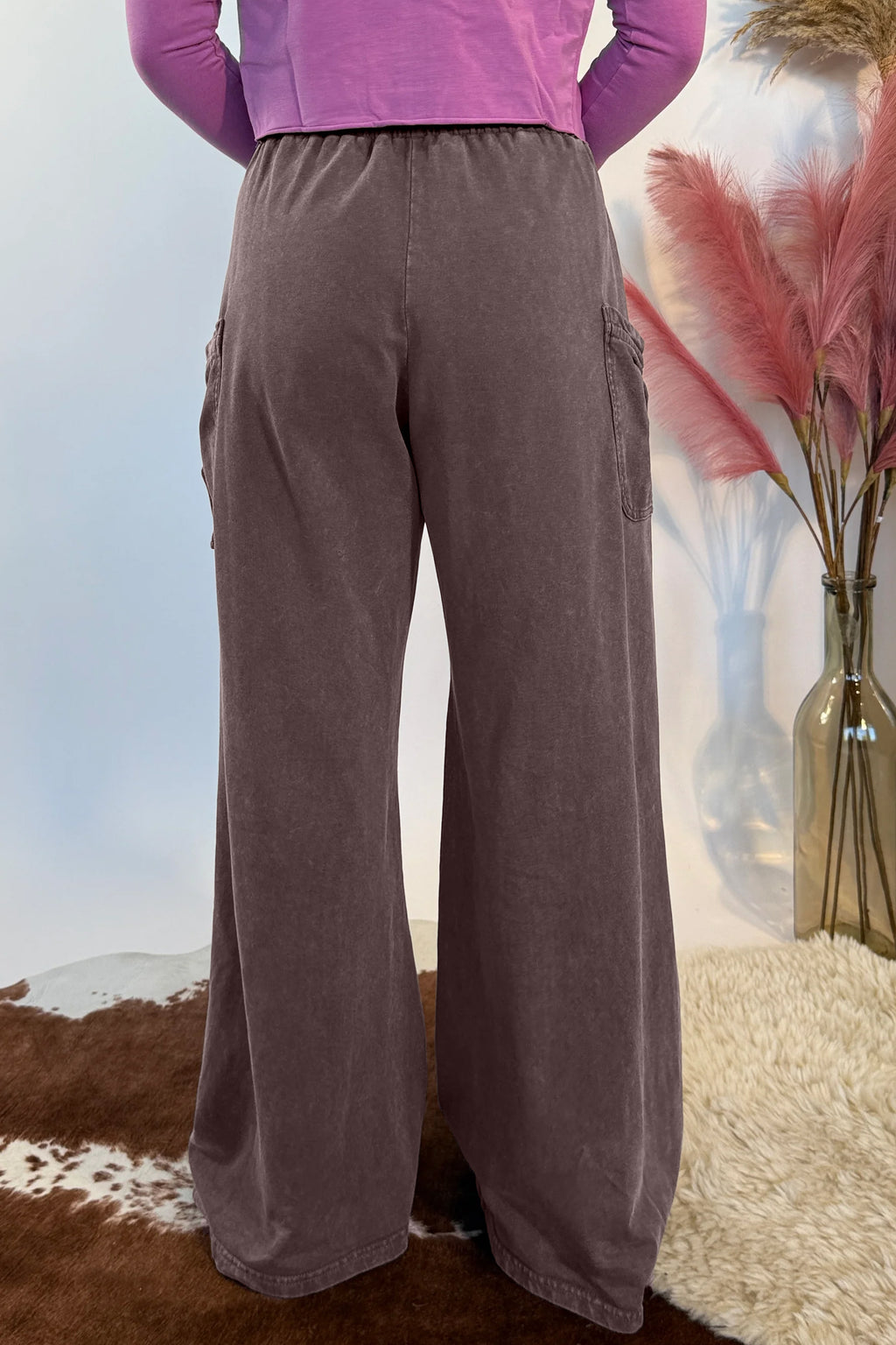 Dark Brown Cotton Mineral Wash Elastic Waist Drawstring Tie Detail Cargo Pants Dear-Lover Dropshipping