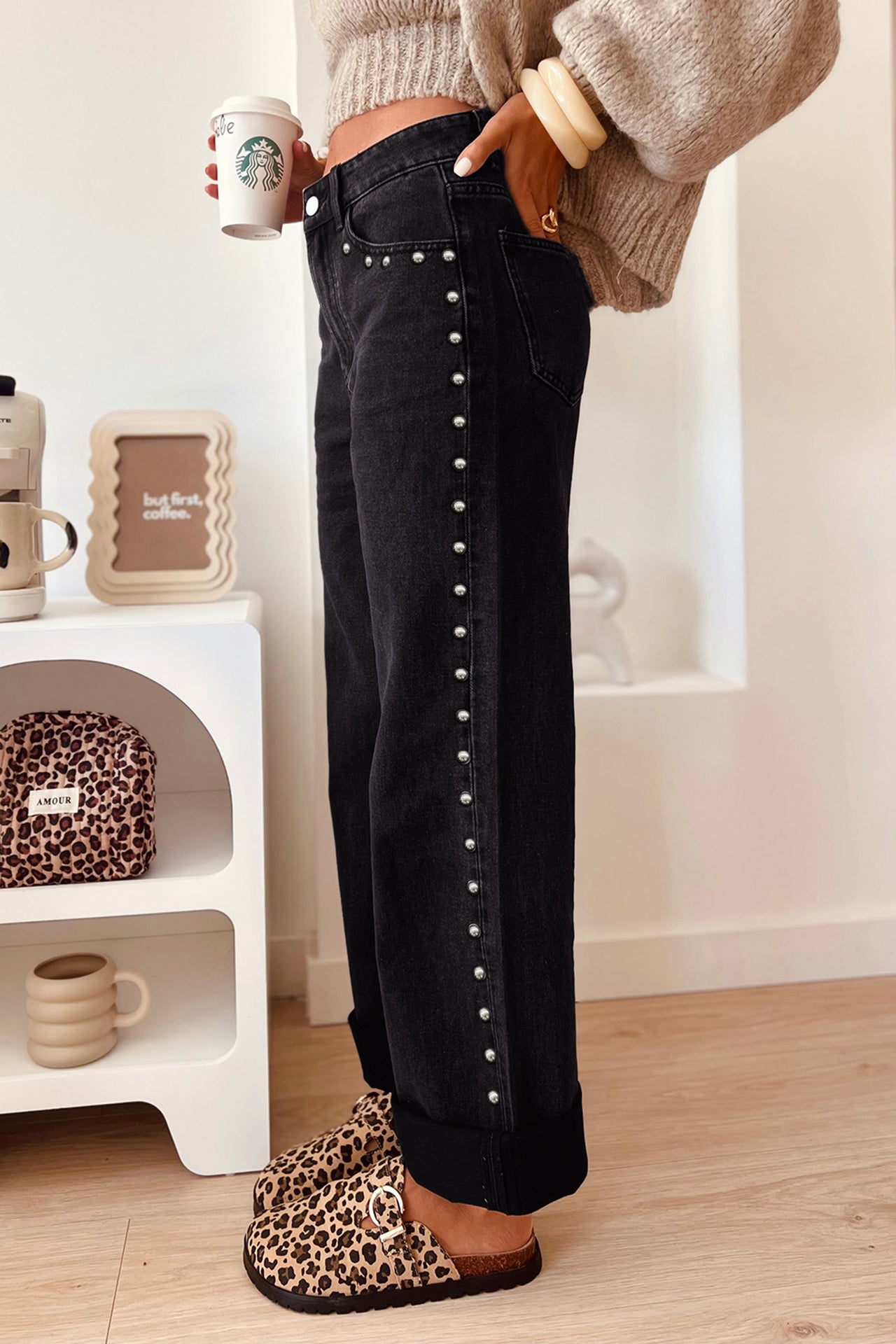 Black Studded Straight Leg Jeans | Casual Fit