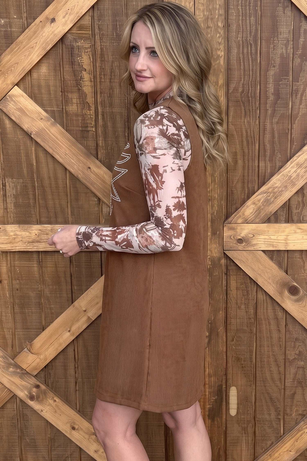 Coffee corduroy shift dress, view 4