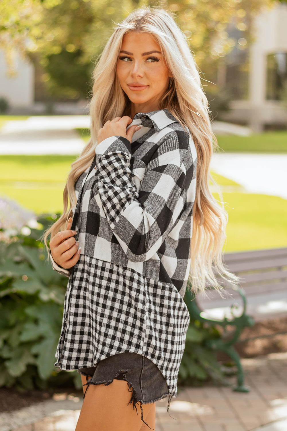 Black Double Plaid Patchwork Drawstring Hooded Shacket Dear-Lover Dropshipping