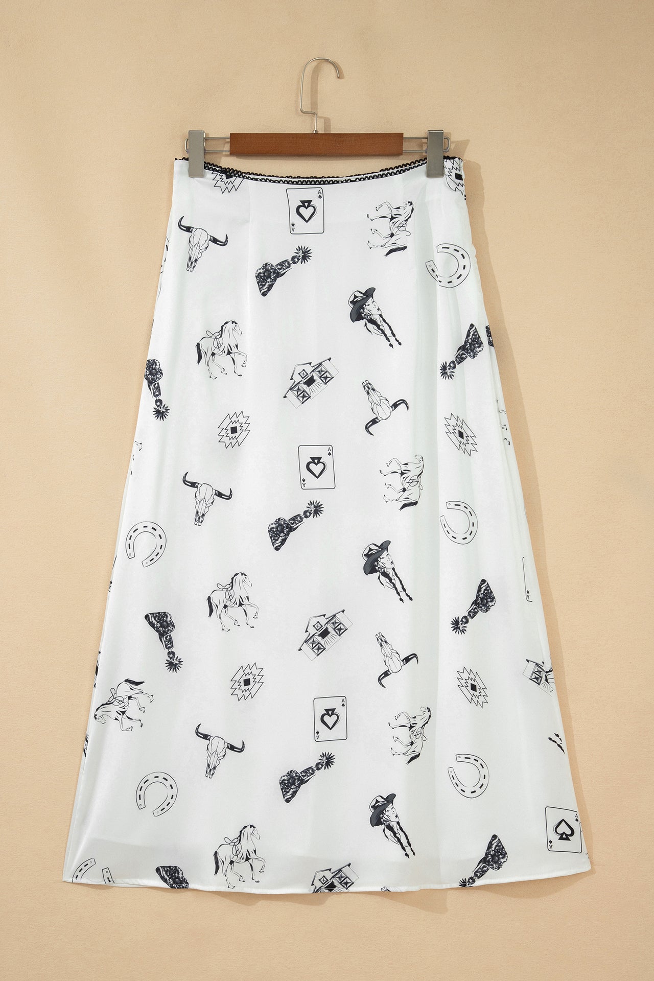 Navy Blue Western Print Satin Long Skirt