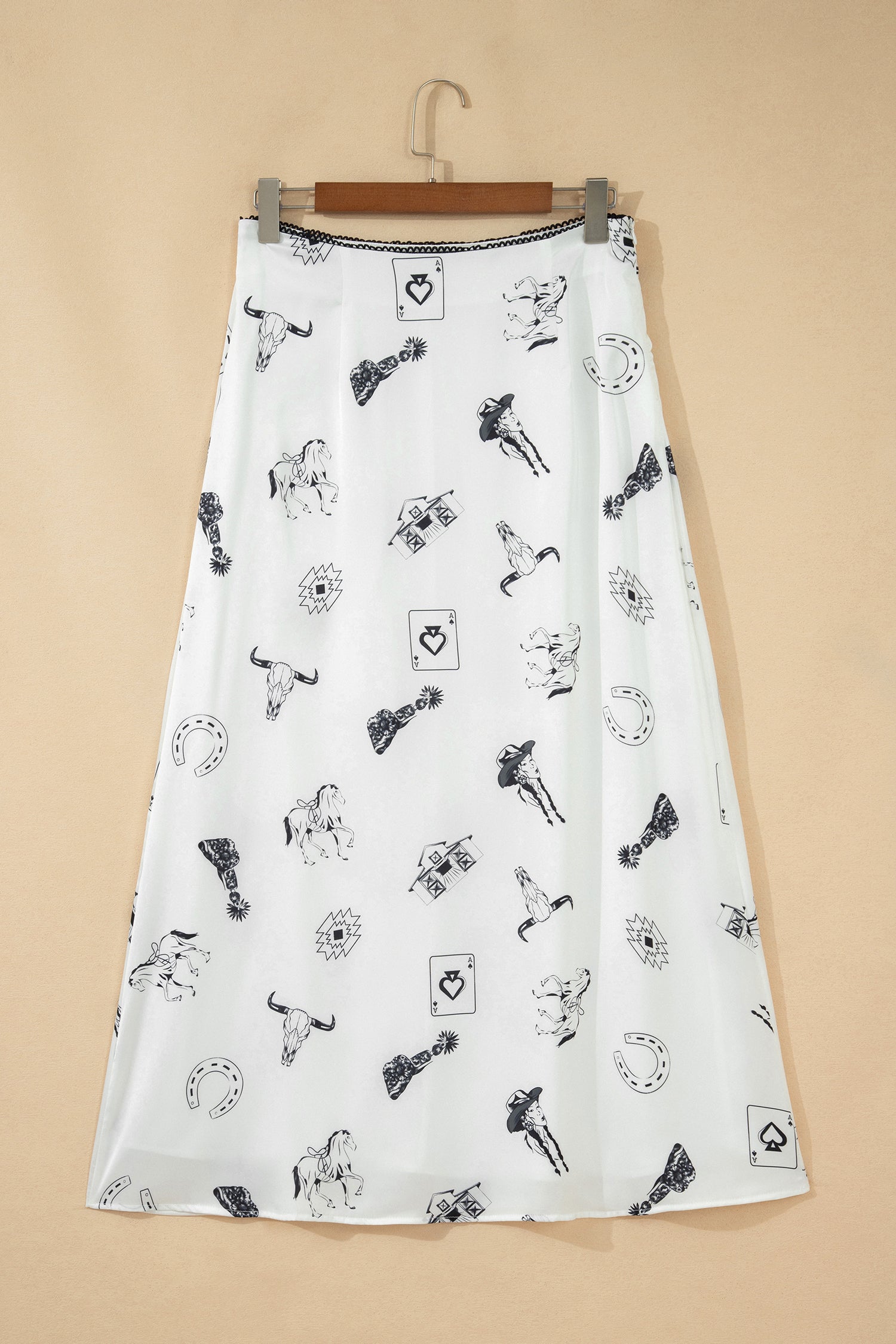 Navy Blue Western Print Satin Long Skirt