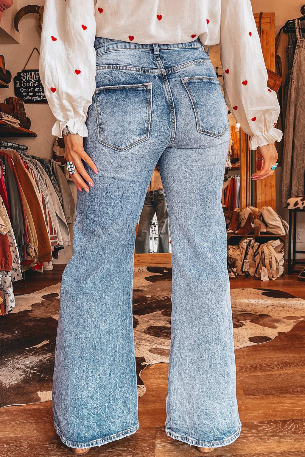 Blue acid wash flare jeans, view 6