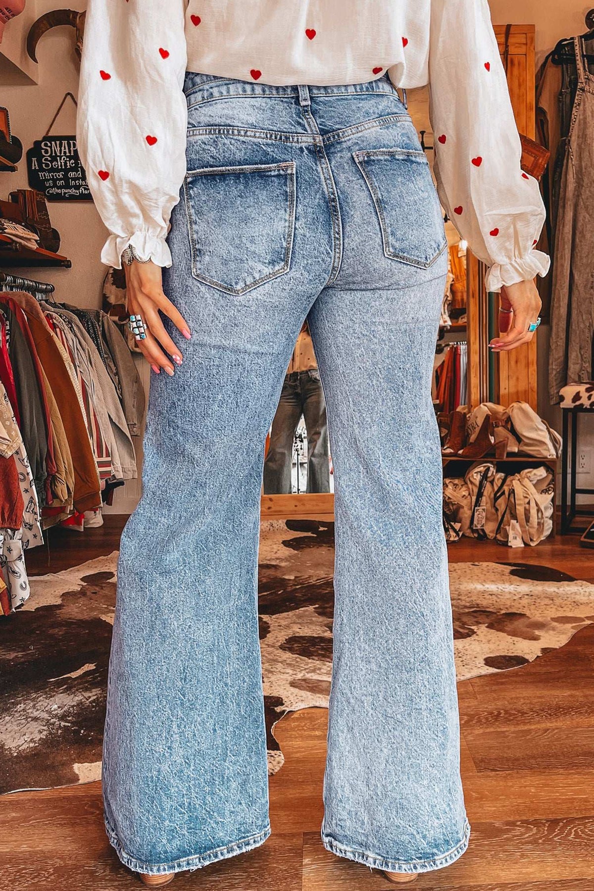 Blue acid wash flare jeans, view 6