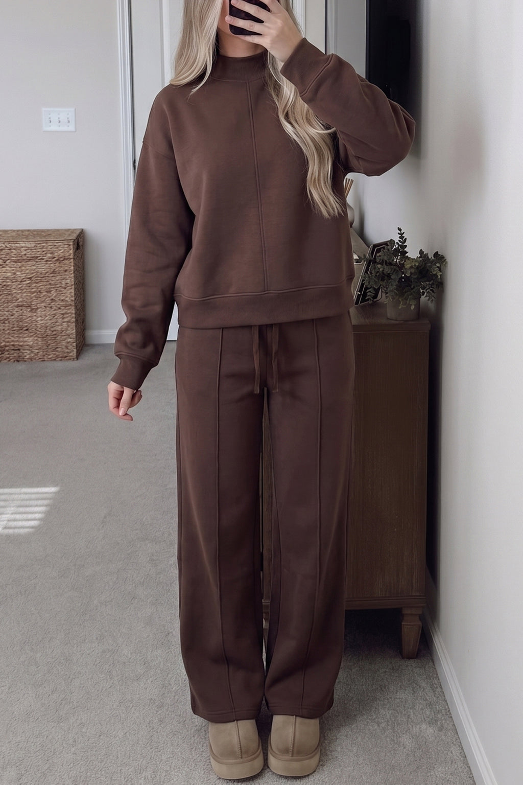 Coffee Mock Neck Pullover Pants Set front view